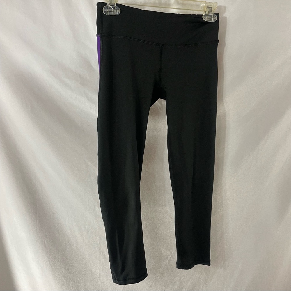 Gaiam Crop Black Leggings Purple Side Stripe